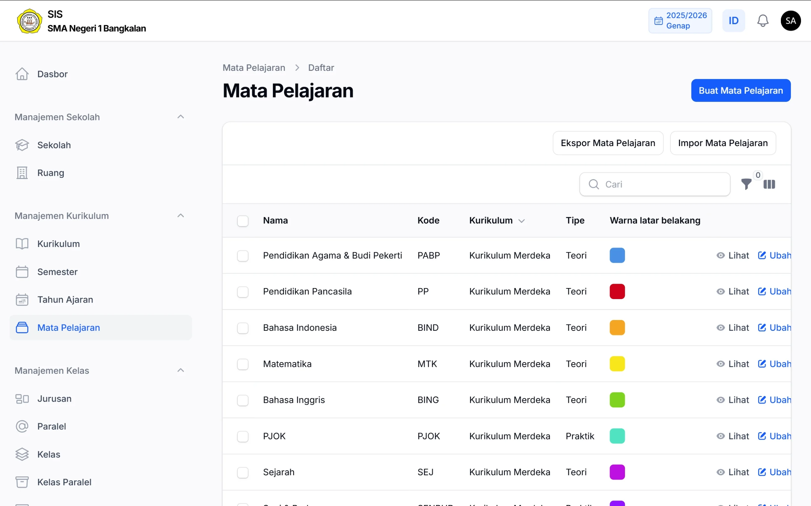 Tampilan halaman Manajemen Mata Pelajaran pada SIS SMA Negeri 1 Bangkalan di layar laptop, menampilkan tabel daftar mata pelajaran beserta kode, kurikulum, tipe, warna, fitur pencarian, impor–ekspor data, dan tombol tambah mata pelajaran.