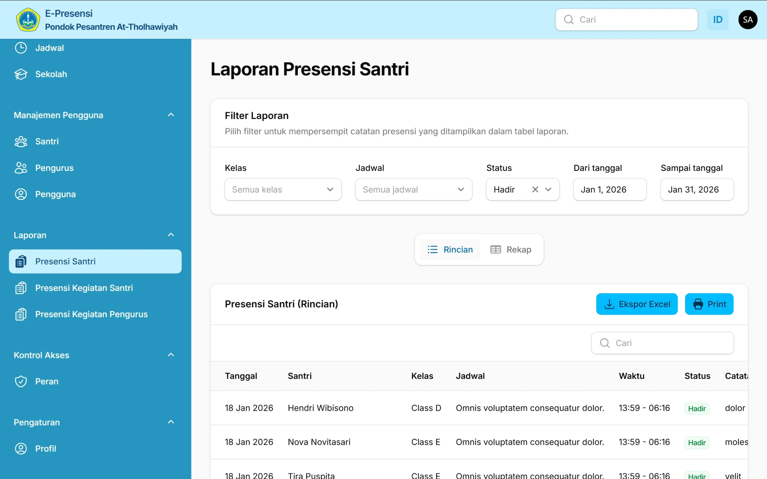 Tampilan halaman Laporan Presensi Santri pada sistem E-Presensi Pondok Pesantren At-Tholhawiyah di layar laptop, menampilkan filter laporan, tabel presensi santri, serta opsi ekspor Excel dan cetak laporan.