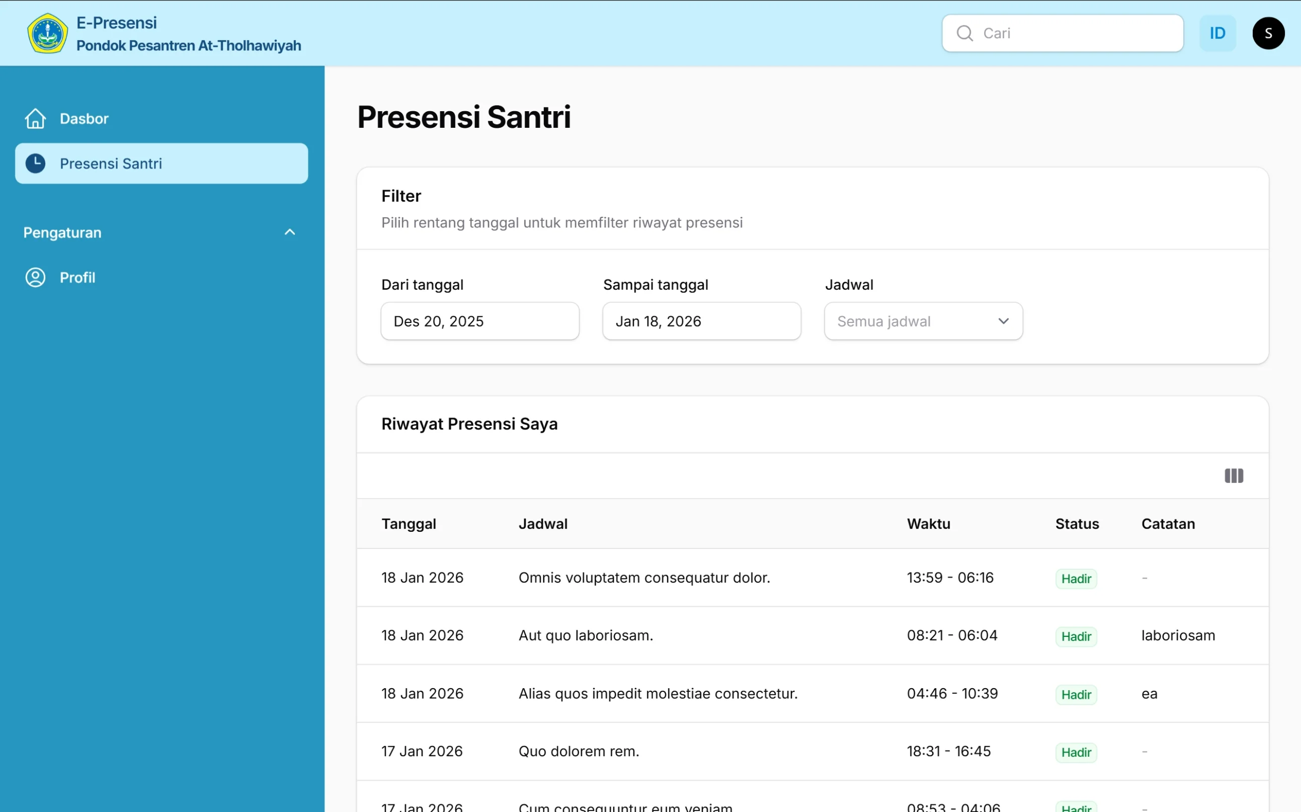 Tampilan halaman Presensi Santri pada sistem E-Presensi Pondok Pesantren At-Tholhawiyah di layar laptop, menampilkan filter tanggal dan jadwal serta tabel riwayat presensi santri dengan status kehadiran.