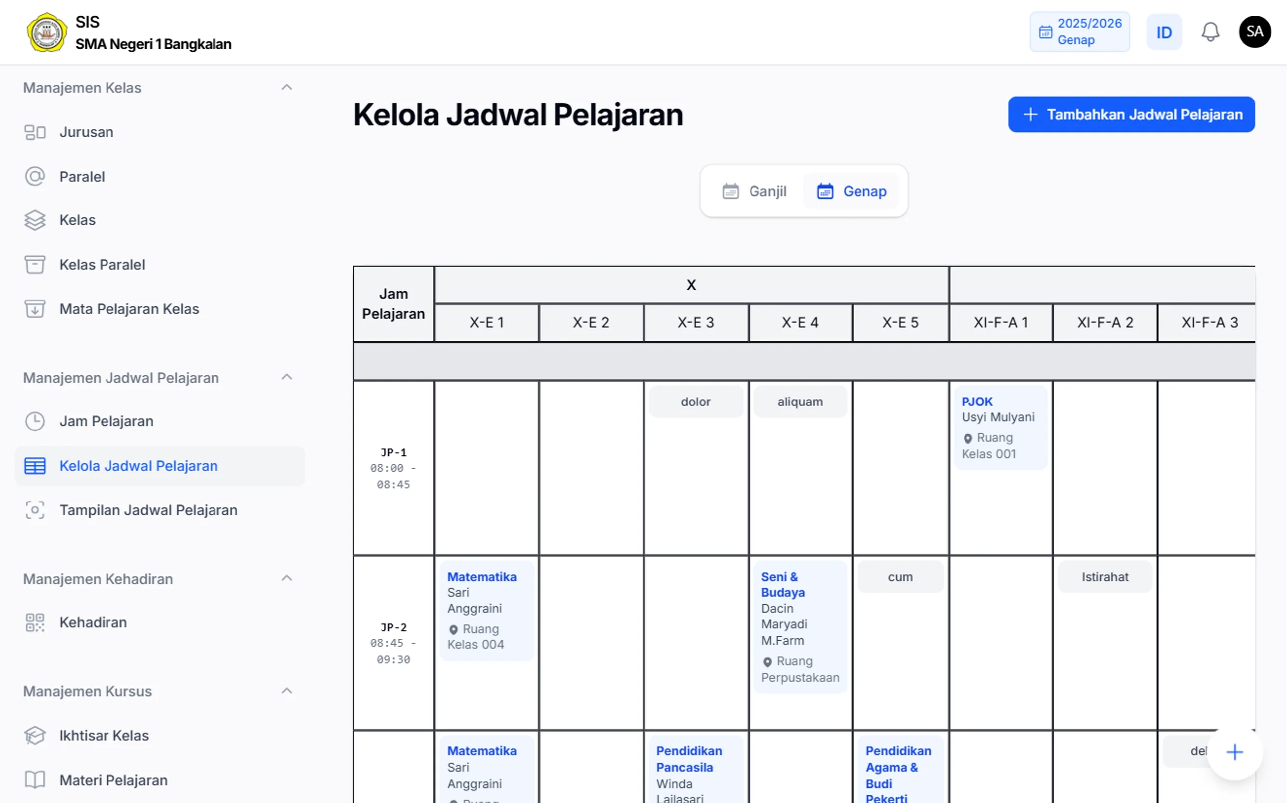 Tampilan halaman Kelola Jadwal Pelajaran pada SIS SMA Negeri 1 Bangkalan di layar laptop, menampilkan tabel jadwal pelajaran per jam dan kelas untuk semester genap, lengkap dengan mata pelajaran, guru, dan ruang.