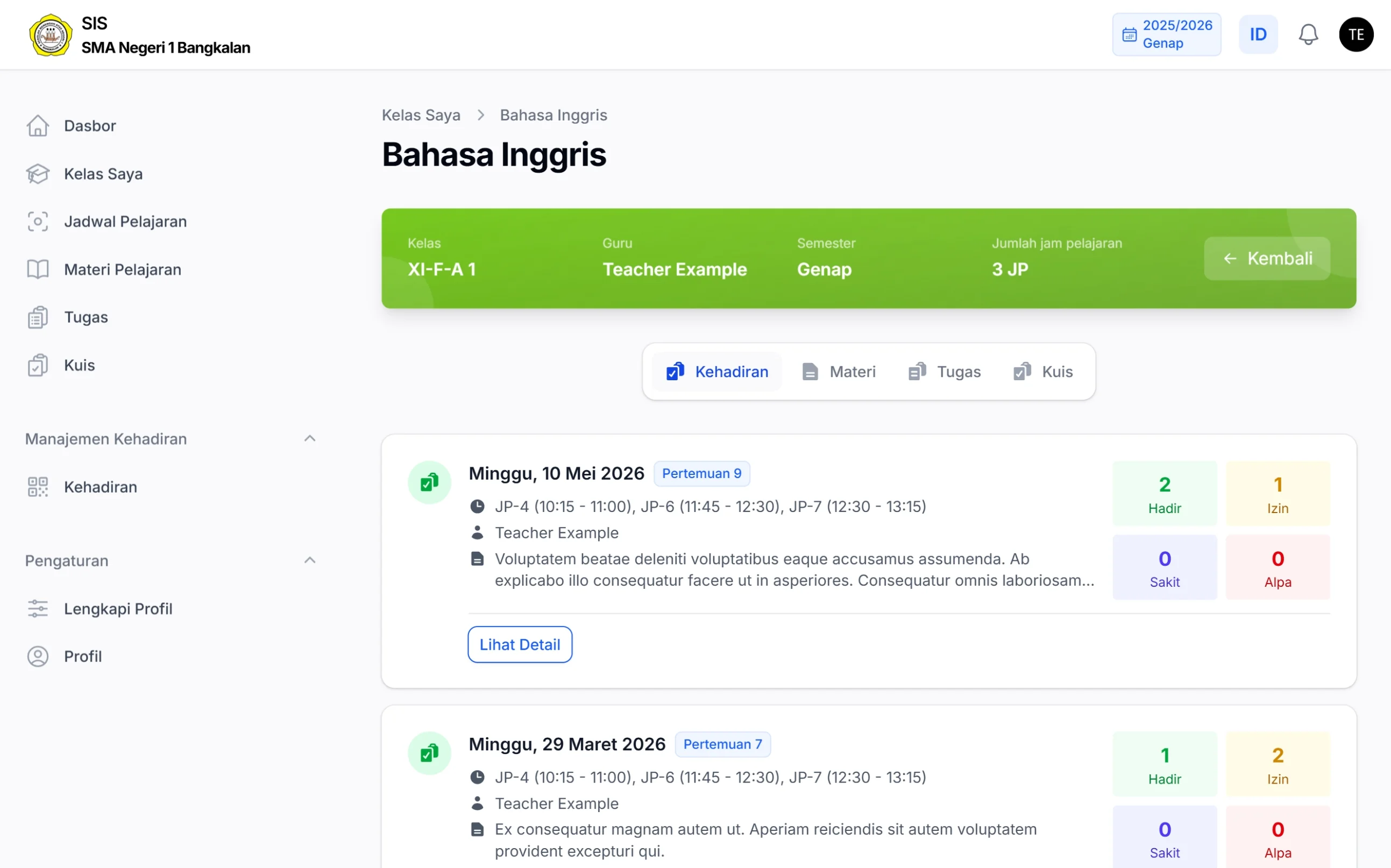 Tampilan halaman detail mata pelajaran Bahasa Inggris pada SIS SMA Negeri 1 Bangkalan di layar laptop, menampilkan informasi kelas, guru, semester, jumlah jam pelajaran, serta daftar pertemuan dengan ringkasan presensi.