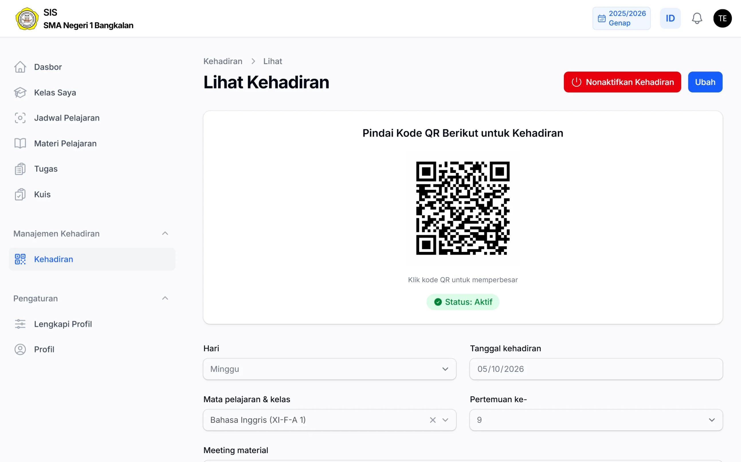Tampilan halaman Lihat Kehadiran pada SIS SMA Negeri 1 Bangkalan di layar laptop, menampilkan kode QR untuk presensi siswa, status kehadiran aktif, serta detail pertemuan seperti hari, tanggal, mata pelajaran, kelas, dan nomor pertemuan.
