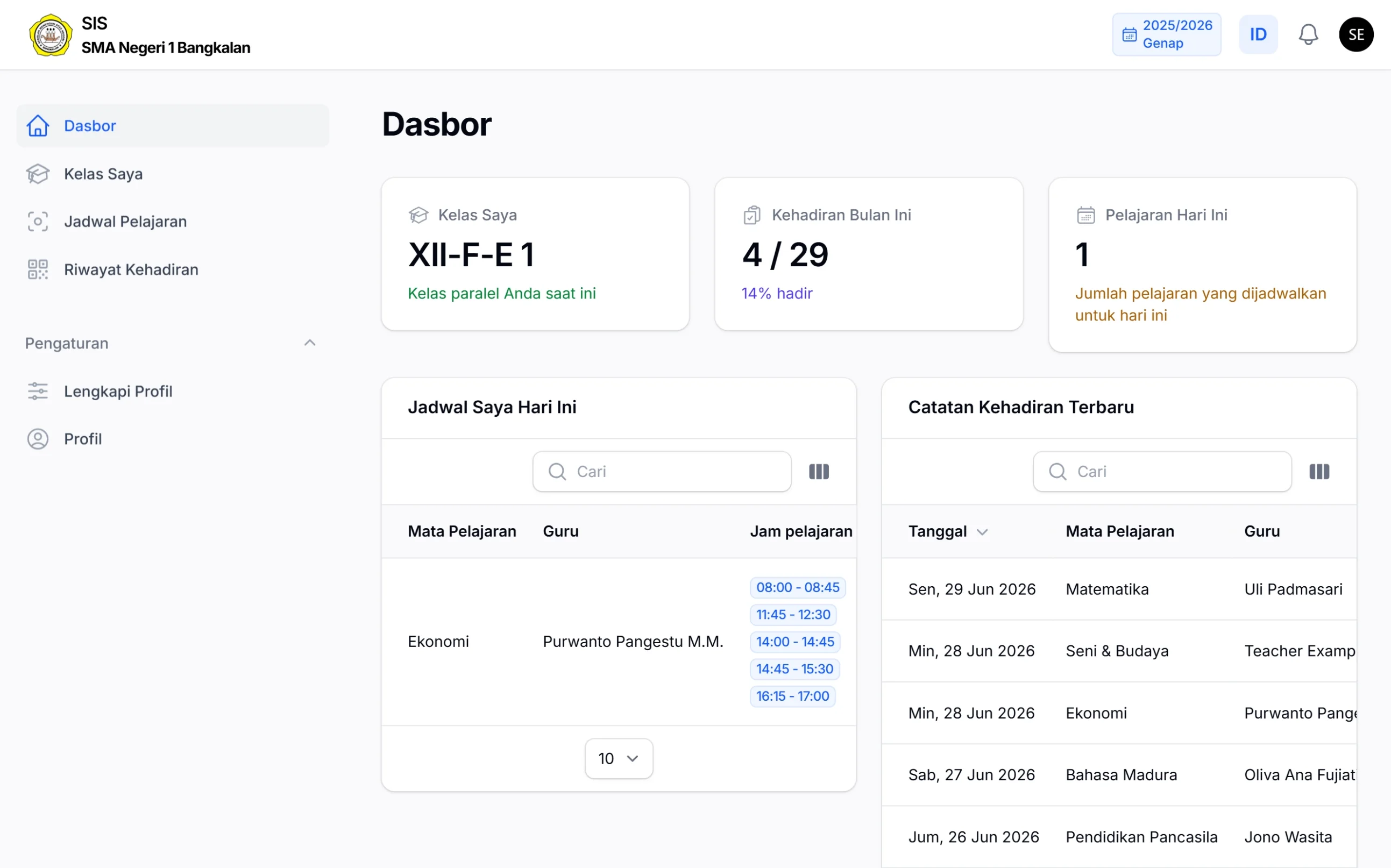 Tampilan dasbor SIS SMA Negeri 1 Bangkalan di layar laptop untuk pengguna siswa, menampilkan informasi kelas saat ini, ringkasan kehadiran bulanan, jumlah pelajaran hari ini, jadwal pelajaran hari ini, dan catatan kehadiran terbaru.
