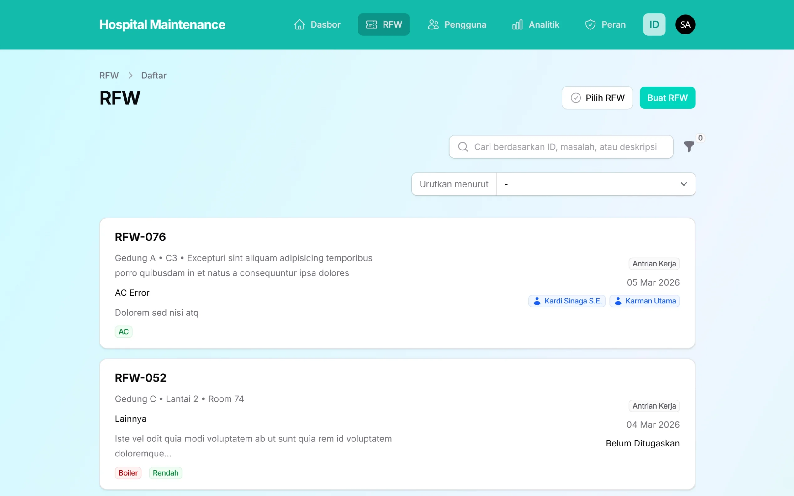 Tampilan halaman RFW pada Hospital Maintenance System di layar laptop, menampilkan daftar laporan maintenance beserta lokasi, deskripsi masalah, kategori, status pekerjaan, tanggal laporan, serta teknisi yang ditugaskan.