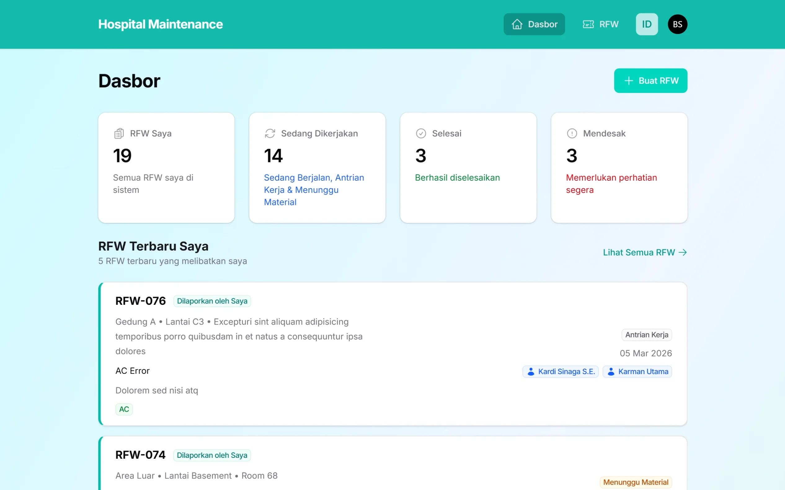 Tampilan halaman Dasbor pada Hospital Maintenance System untuk peran staff di layar laptop, menampilkan ringkasan jumlah RFW, status pekerjaan, laporan mendesak, serta daftar RFW terbaru yang dilaporkan atau melibatkan pengguna.