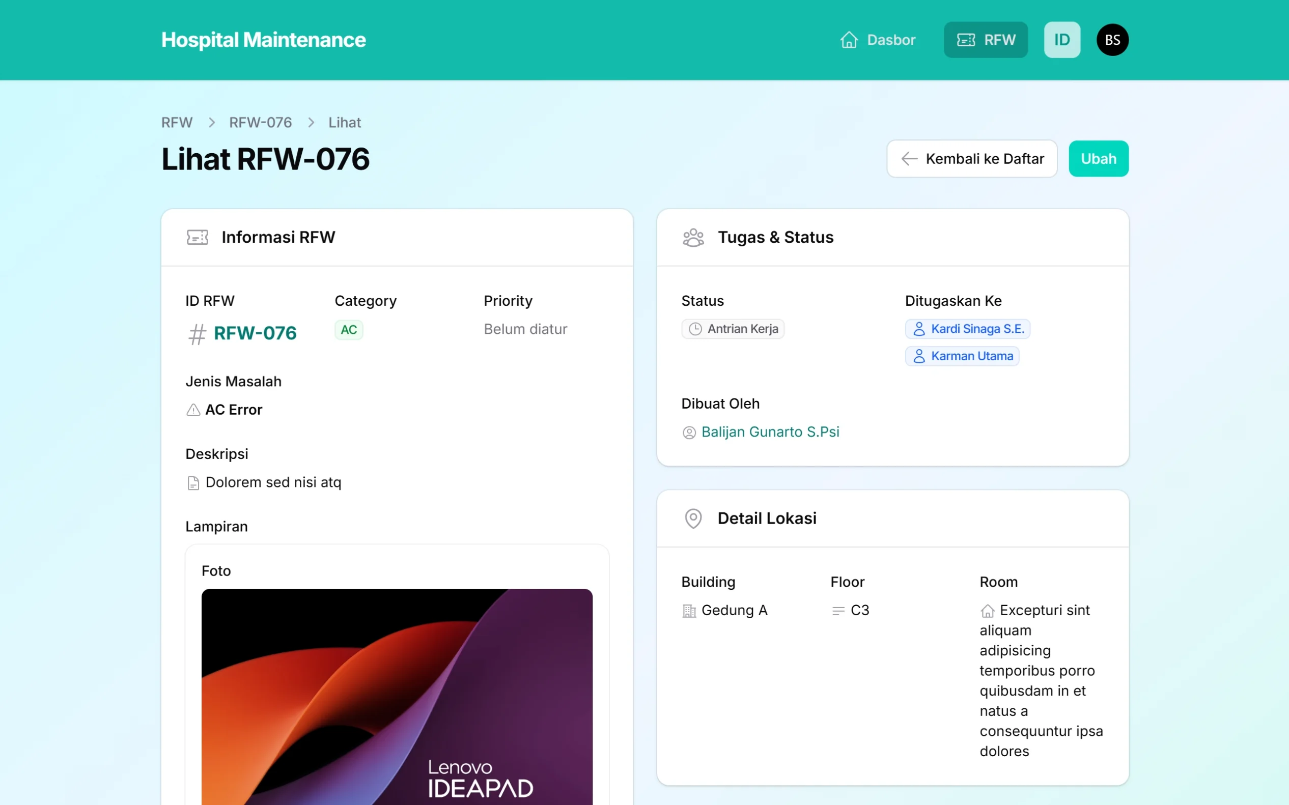 Tampilan halaman Detail RFW pada Hospital Maintenance System untuk peran staff di layar laptop, menampilkan informasi laporan RFW, status pekerjaan, teknisi yang ditugaskan, deskripsi masalah, lampiran foto, serta detail lokasi pemeliharaan.